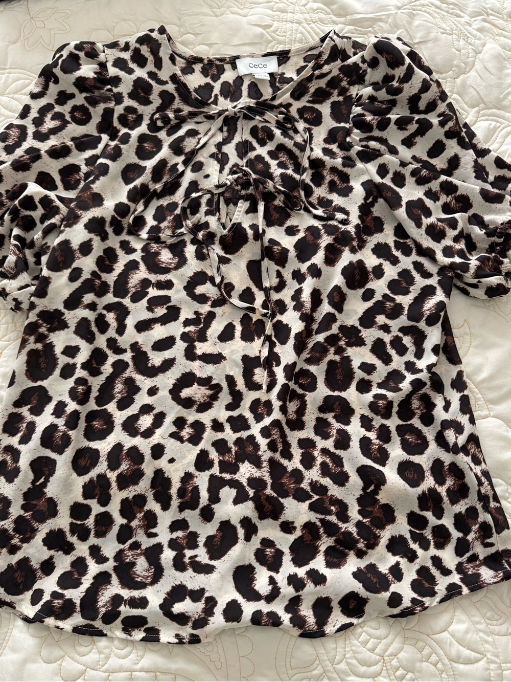 CeCe Leopard Print Tie-Neck Blouse - Cream and Brown